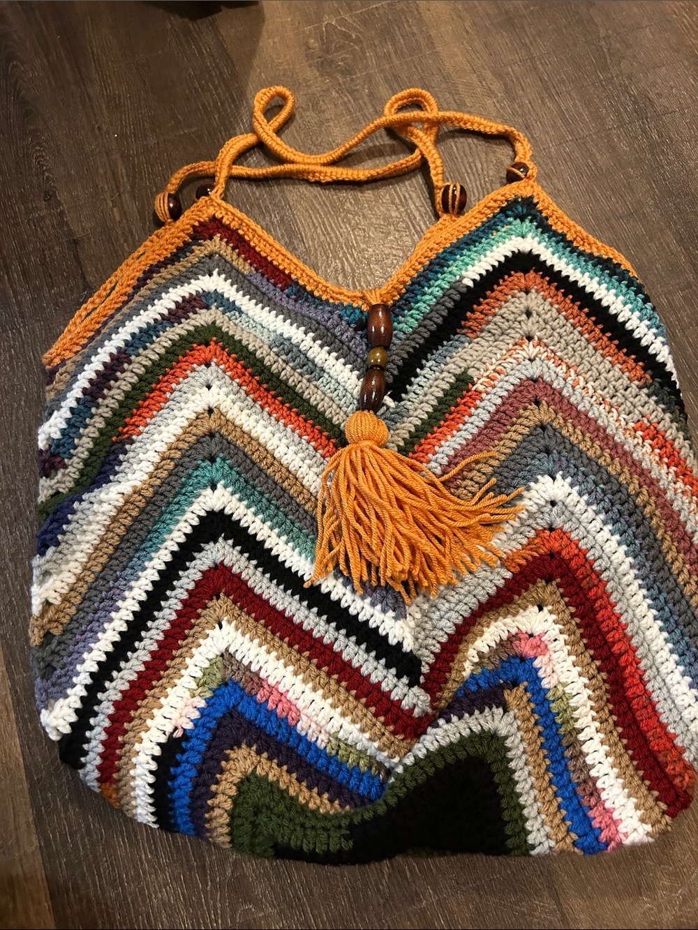 Handmade Multicolor Crochet Shoulder Bag with Orange Tassel